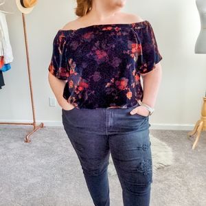 LOFT Moody Floral Velvet Off Shoulder Top XL